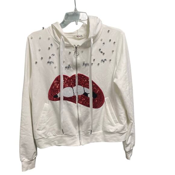 Rhinestone Pearl Full Zip Hoodie Red Glitter Lips Y2K Bling Streetwear Large - Picture 1 of 7